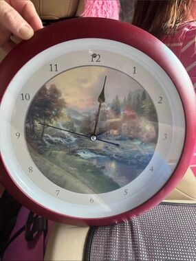 14” Wall Clock with Scenic Cabin Print in Burgundy & Sounds Play
